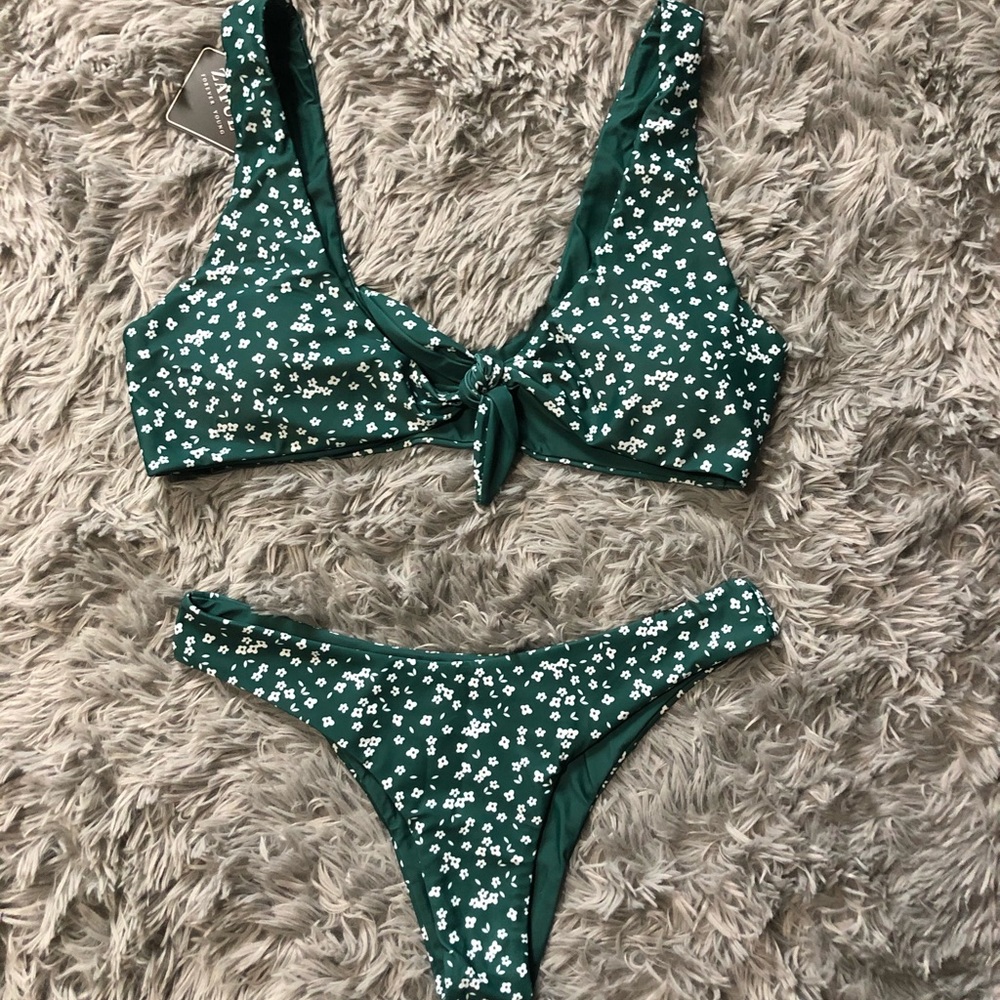 Dark green with white flowers bikini